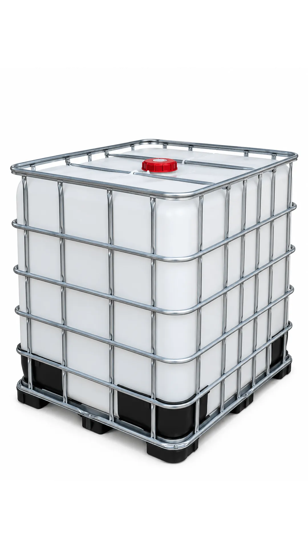 Contêiner IBC de 1000 litros com gaiola metálica, tampa vermelha e base em pallet